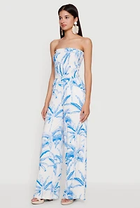 Palm Tree Print Smocked Tube Jumpsuit