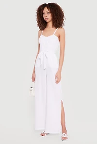 Crepe Knit Tie Waist Belted Side Slit Bustier Jumpsuit