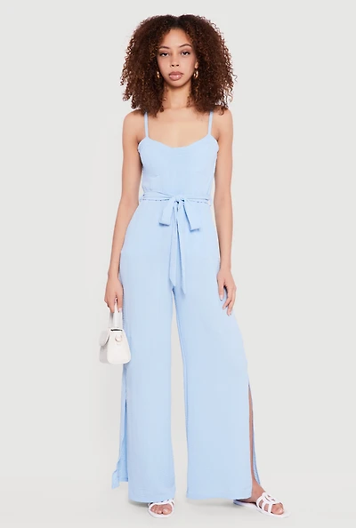 Crepe Knit Tie Waist Belted Side Slit Bustier Jumpsuit