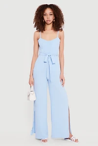 Crepe Knit Tie Waist Belted Side Slit Bustier Jumpsuit