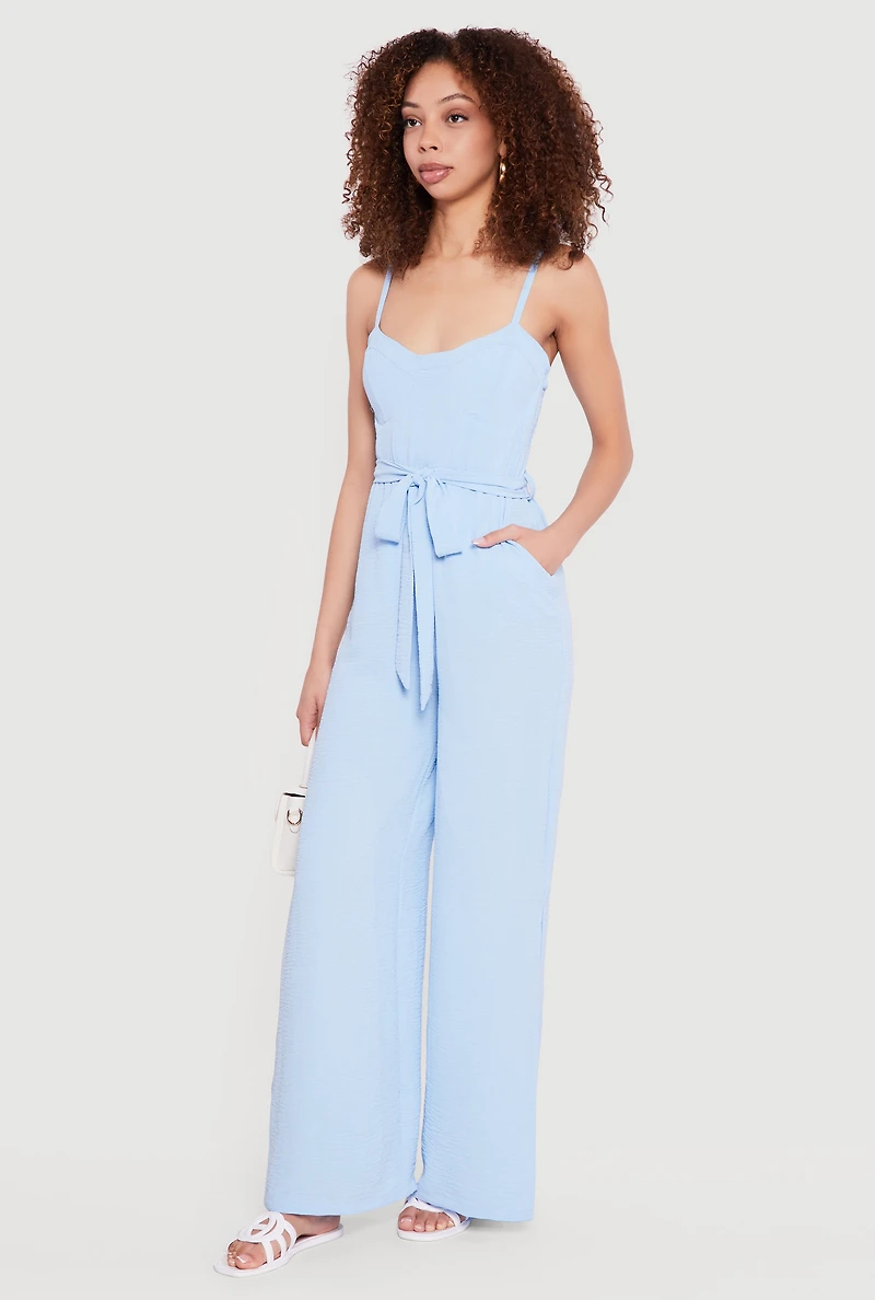 Crepe Knit Tie Waist Belted Side Slit Bustier Jumpsuit