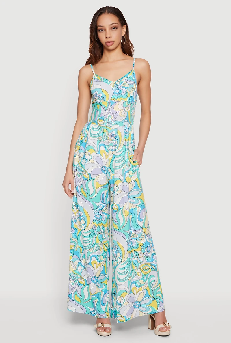 Abstract Floral Wide Leg Cami Jumpsuit