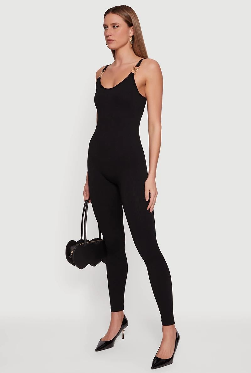 Metallic Buckle Strap Scoop Neck Catsuit