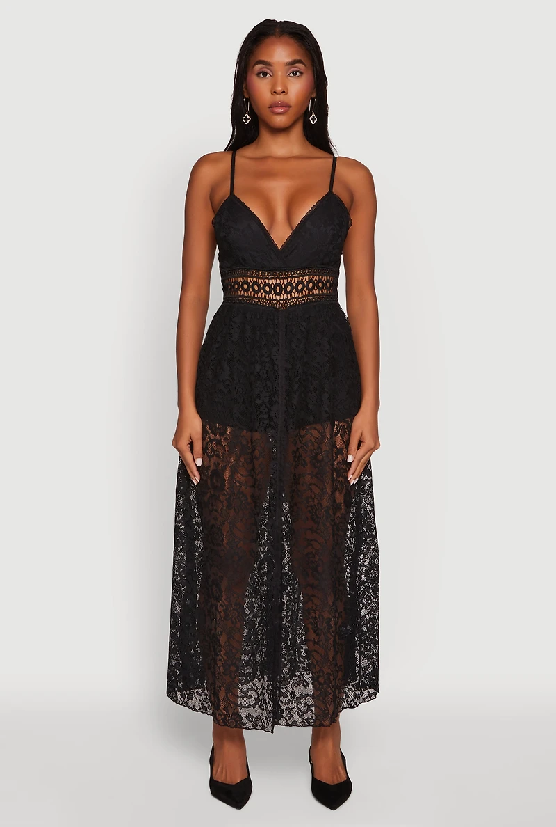 Womens Crochet Waist Detail Lace Maxi Romper, Black,