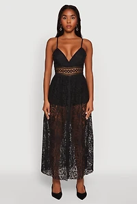 Womens Crochet Waist Detail Lace Maxi Romper, Black,