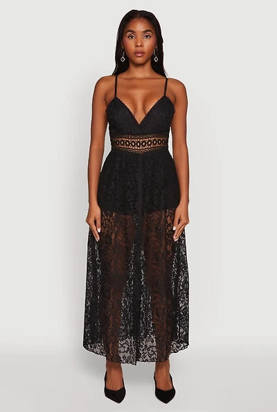 Womens Crochet Waist Detail Lace Maxi Romper, Black,