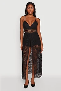 Womens Crochet Waist Detail Lace Maxi Romper, Black, Size M