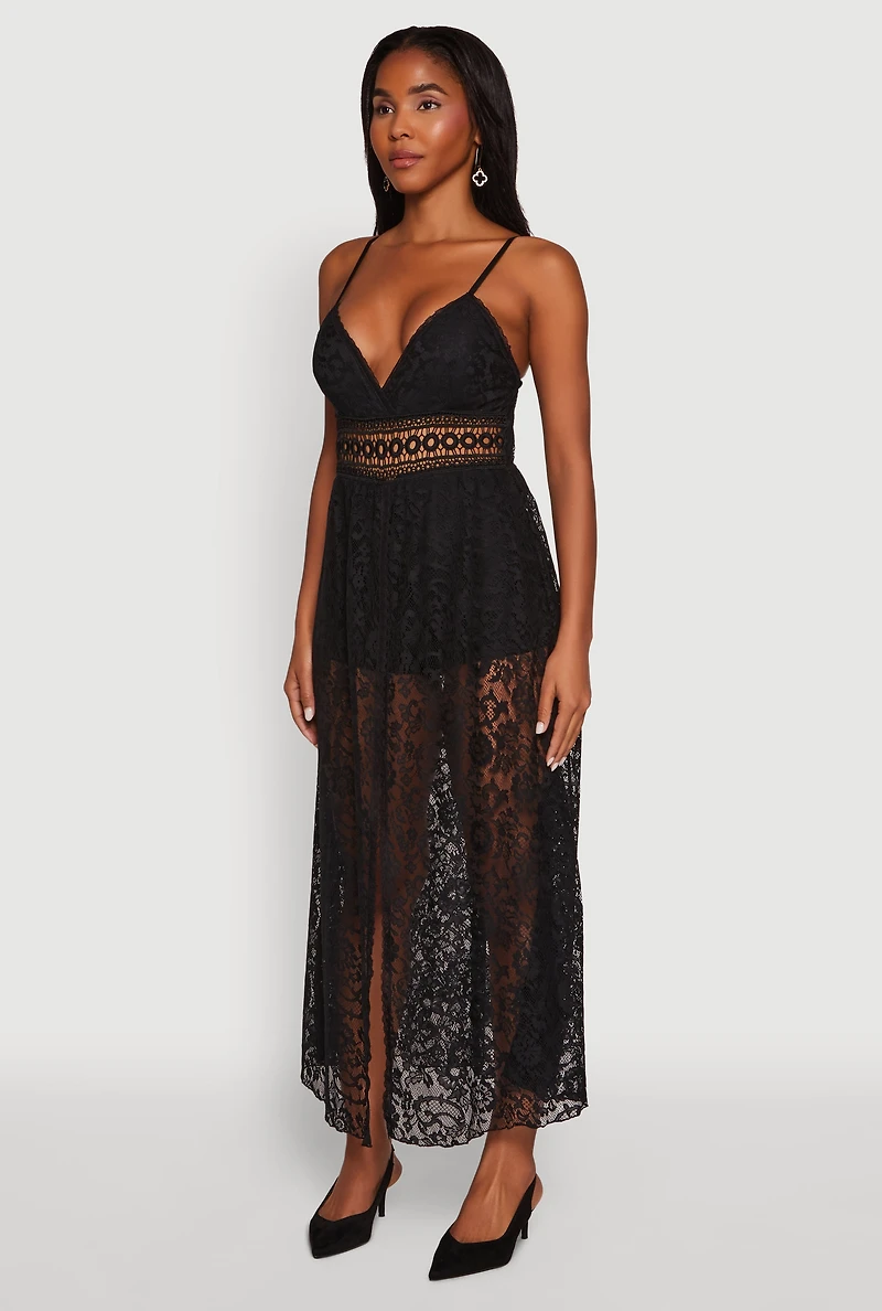 Womens Crochet Waist Detail Lace Maxi Romper, Black, Size M