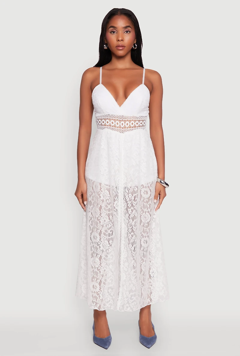 Womens Crochet Waist Detail Lace Maxi Romper, White, Size S