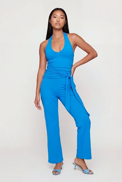 Side Ruched Halter Tie Back Wide Leg Jumpsuit