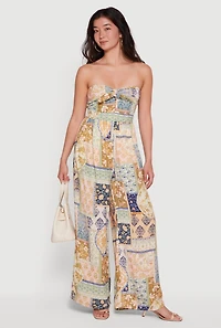 Patterned Tie Front Detail Wide Leg Jumpsuit