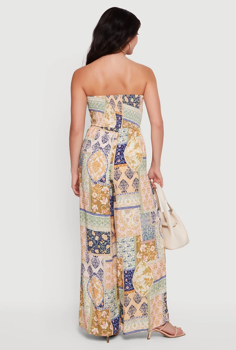 Patterned Tie Front Detail Wide Leg Jumpsuit