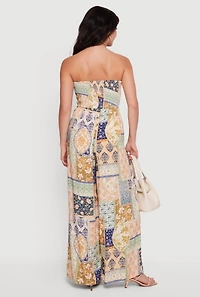 Patterned Tie Front Detail Wide Leg Jumpsuit
