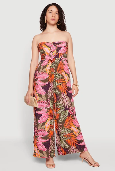 Leaf Print Tie Front Detail Wide Leg Jumpsuit