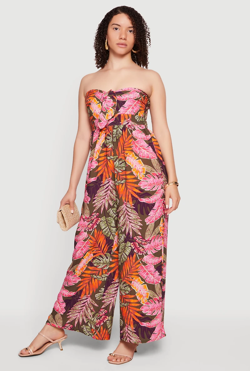 Leaf Print Tie Front Detail Wide Leg Jumpsuit