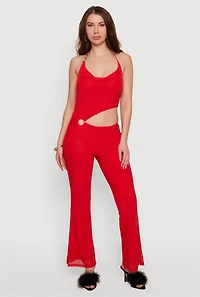 O Ring Detail Cowl Halter Neck Mesh Jumpsuit