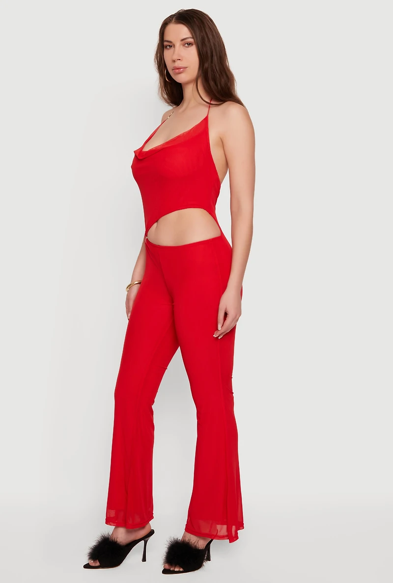 O Ring Detail Cowl Halter Neck Mesh Jumpsuit