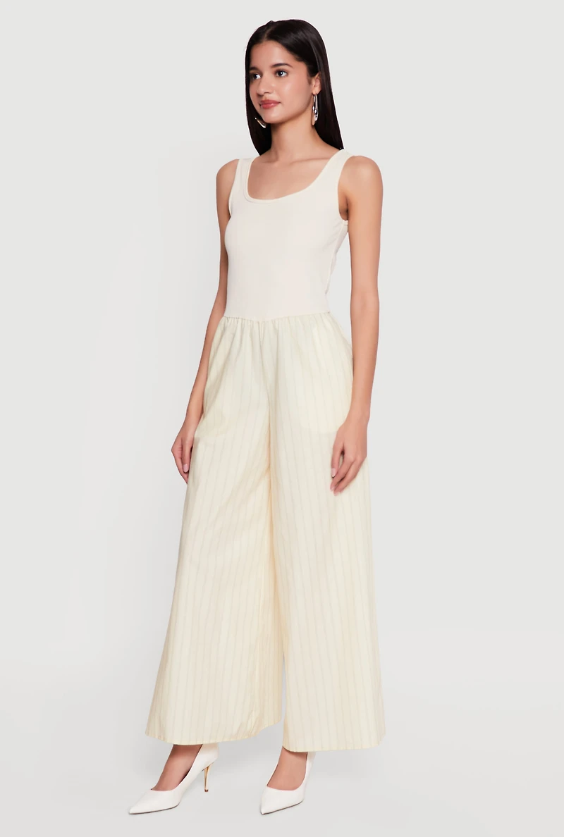 Rib Knit Striped Wide Leg Jumpsuit