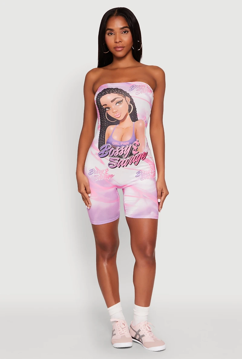 Womens Bossy and Savage Graphic Tube Romper, Pink, Size M