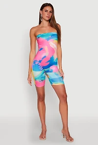 Womens Paint Splatter Tube Romper, Multi, Size L