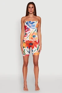 Womens Abstract Floral Print Tube Romper, Multi, Size S