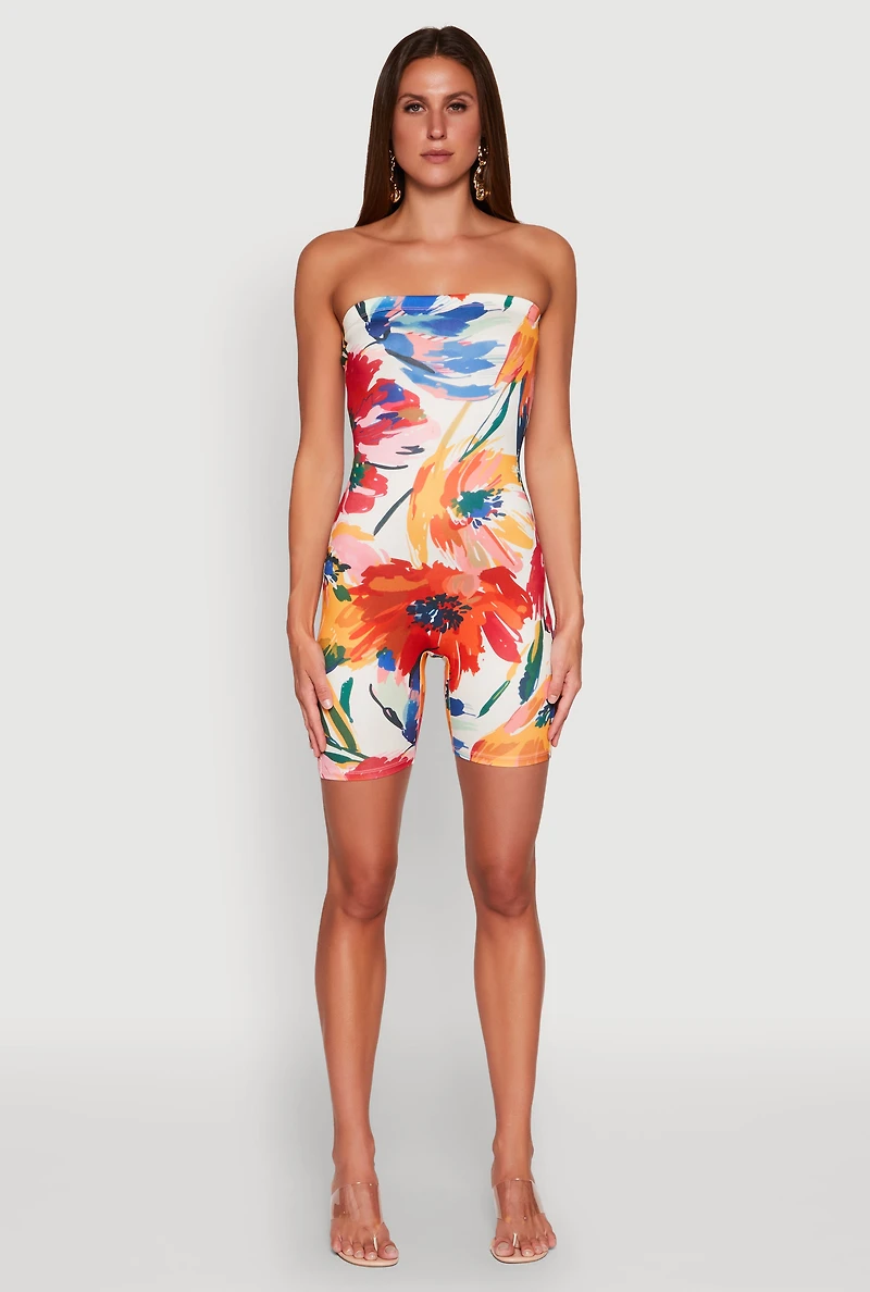 Womens Abstract Floral Print Tube Romper, Multi, Size M