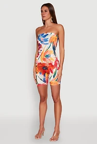 Womens Abstract Floral Print Tube Romper, Multi, Size XL
