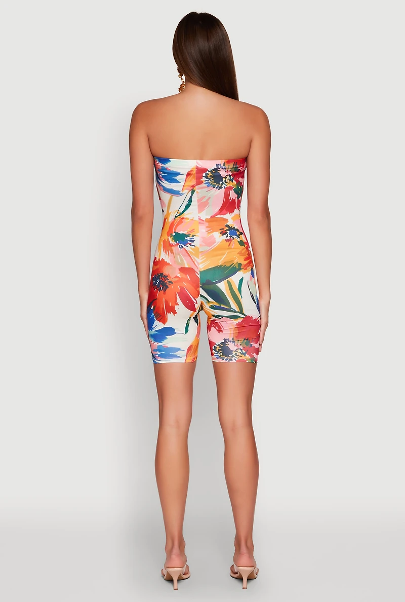 Womens Abstract Floral Print Tube Romper, Multi, Size M