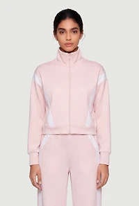 Contrast Trim Zip Front Mock Neck Active Jacket