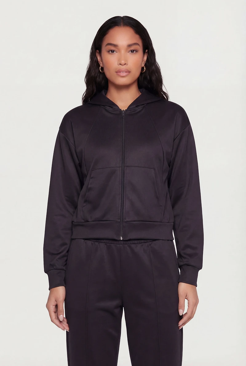 Long Sleeve Zip Front Drop Shoulder Hoodie
