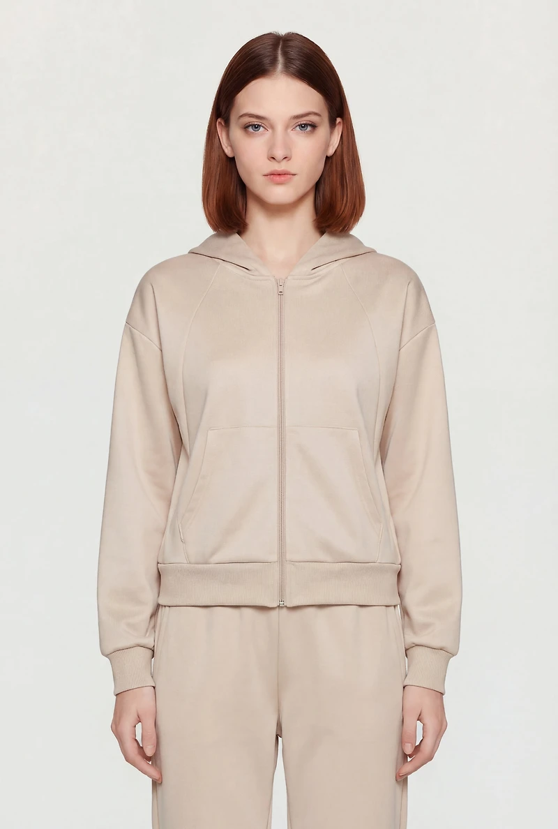 Long Sleeve Zip Front Drop Shoulder Hoodie