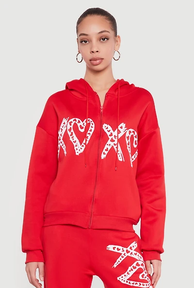 Heart Graphic Zip Front Hooded Sweatshirt