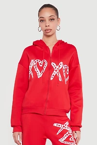 Heart Graphic Zip Front Hooded Sweatshirt