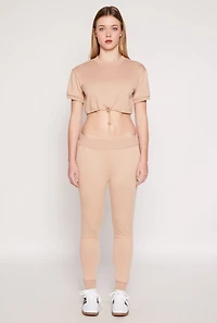 Womens French Terry Pull On High Waisted Joggers, Khaki,