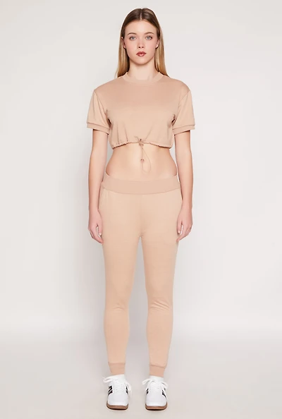 Womens French Terry Pull On High Waisted Joggers, Khaki, Size M