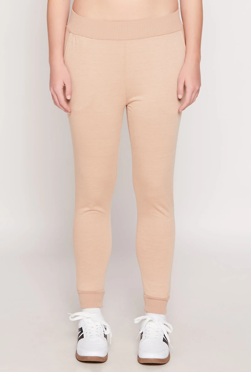 Womens French Terry Pull On High Waisted Joggers, Khaki,