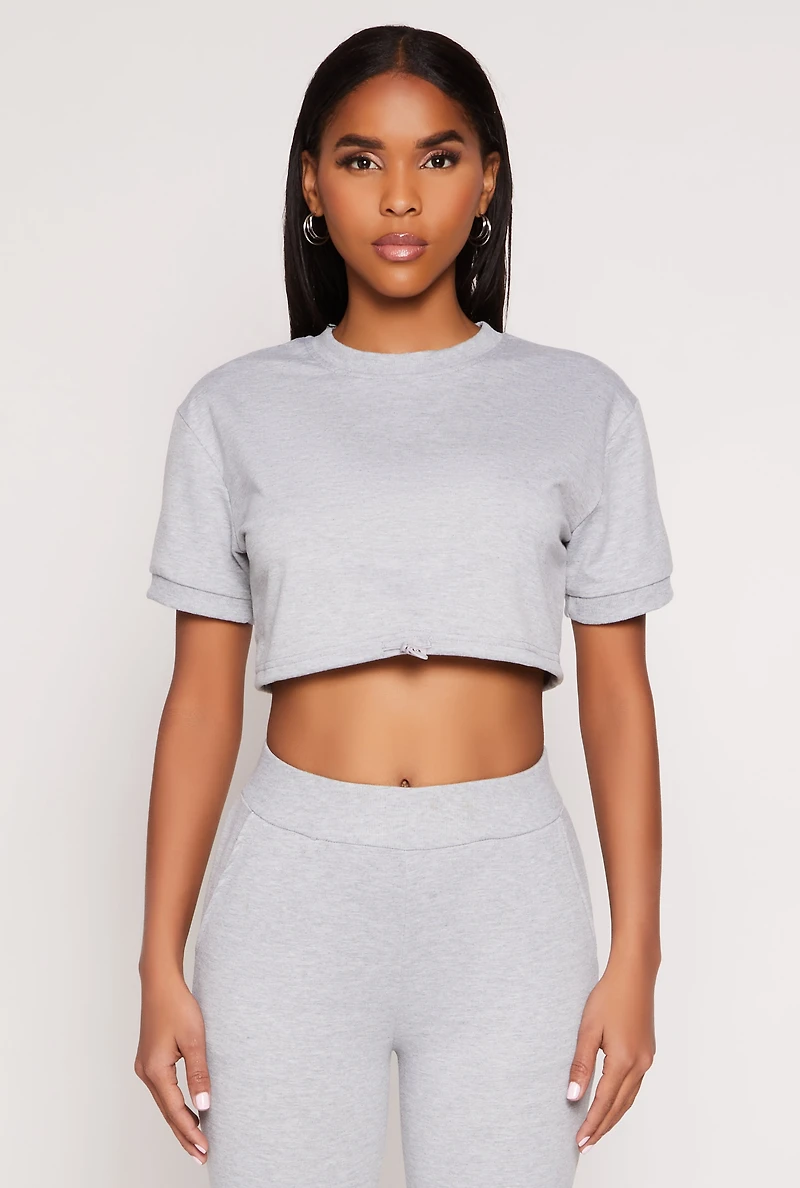 Womens French Terry Toggle Drawstring Hem Crop Top, Grey, Size M