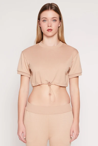 Womens French Terry Toggle Drawstring Hem Crop Top,