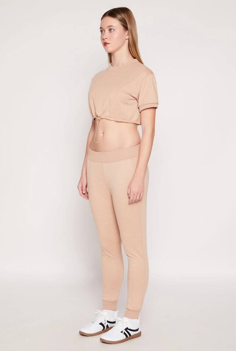 Womens French Terry Toggle Drawstring Hem Crop Top,