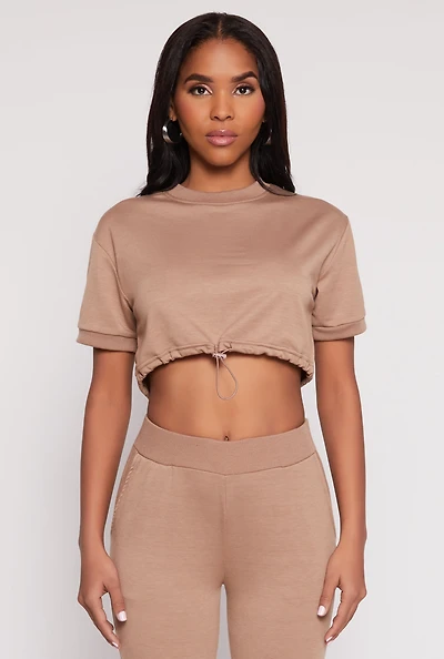 Womens French Terry Toggle Drawstring Hem Crop Top,