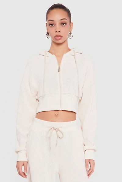 Rib Knit Cropped Zip Front Hoodie