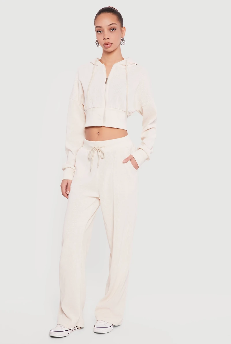 Rib Knit Cropped Zip Front Hoodie