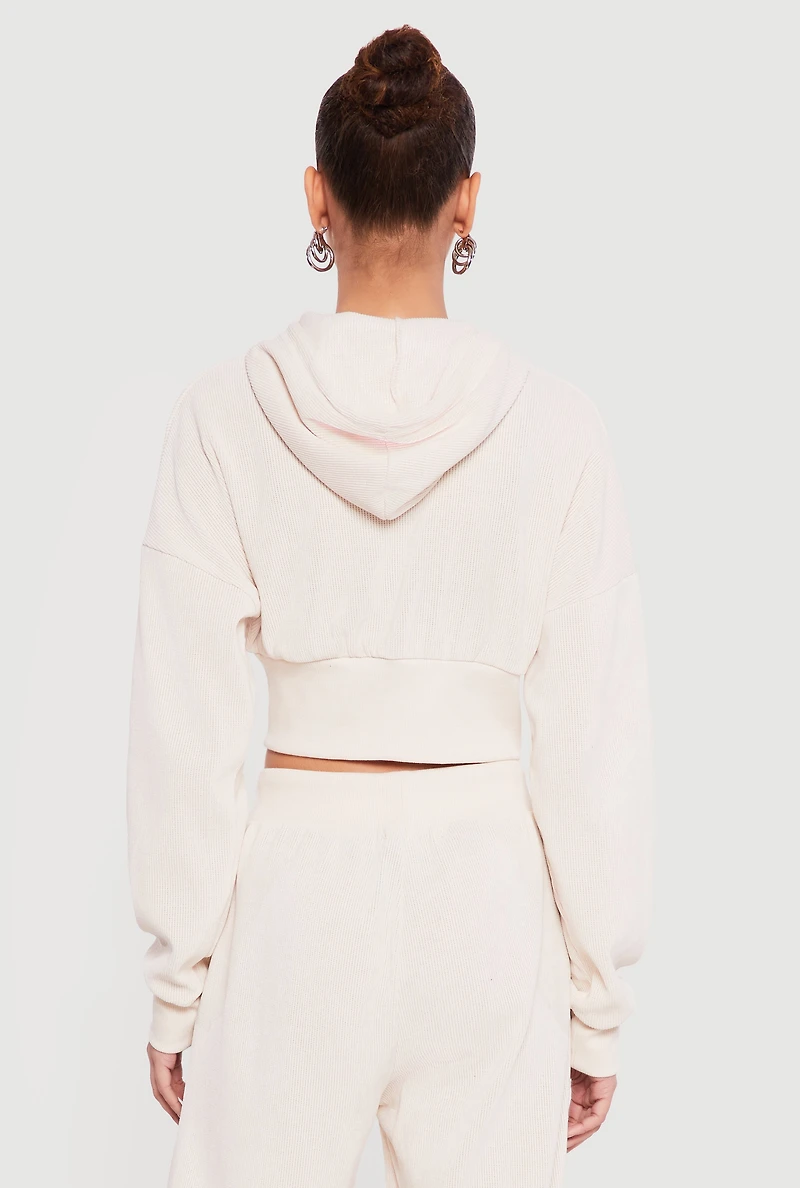 Rib Knit Cropped Zip Front Hoodie