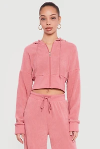 Rib Knit Cropped Zip Front Hoodie