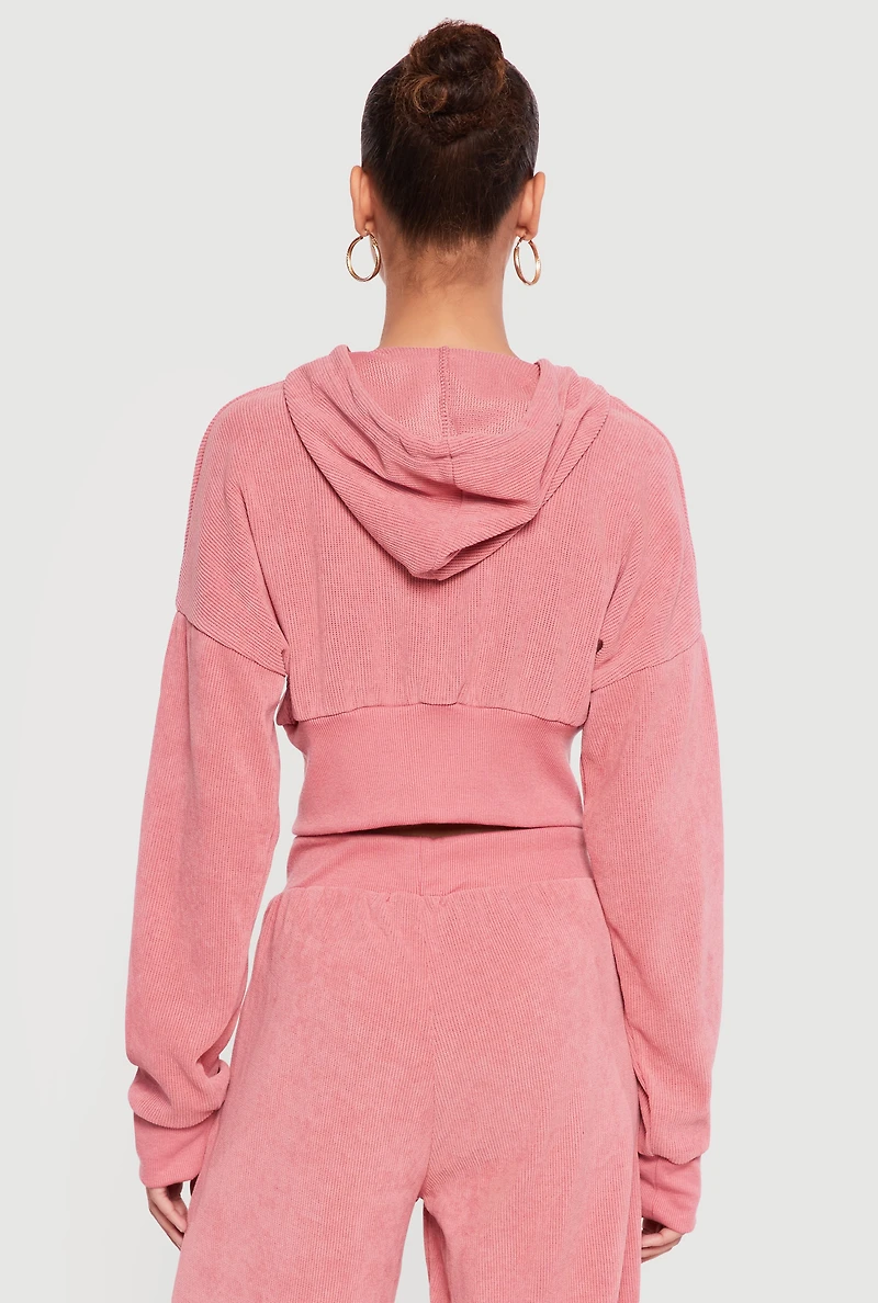 Rib Knit Cropped Zip Front Hoodie