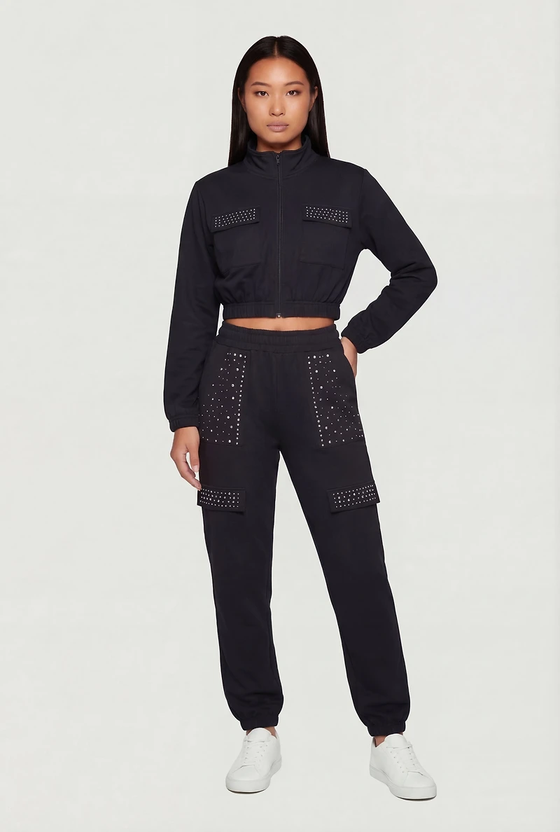 Rhinestone Detail Zip Front Mock Neck Cropped Track Jacket