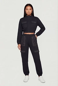 Rhinestone Detail Zip Front Mock Neck Cropped Track Jacket