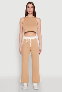 Womens Side Contrast Cropped Tank Top, Beige, Size L