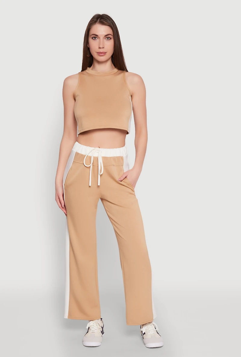 Womens Side Contrast Cropped Tank Top, Beige, Size L