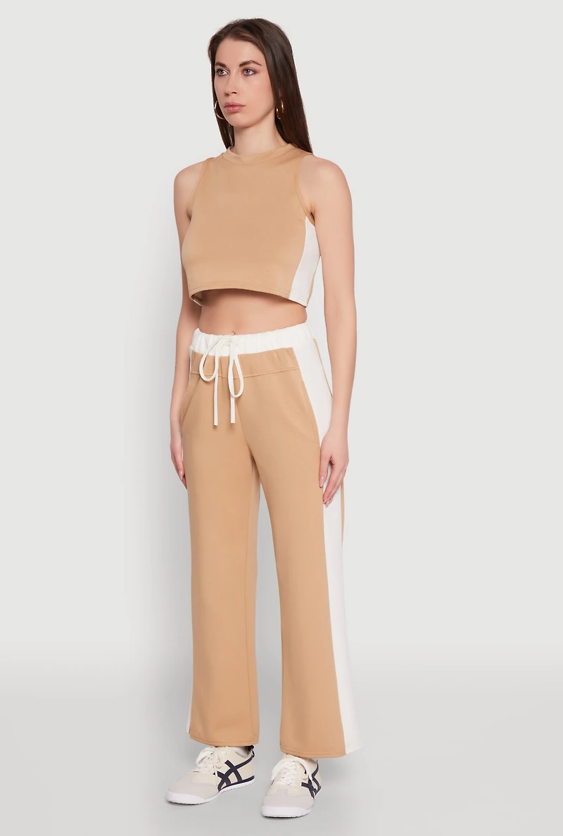 Womens Side Contrast Cropped Tank Top, Beige, Size L